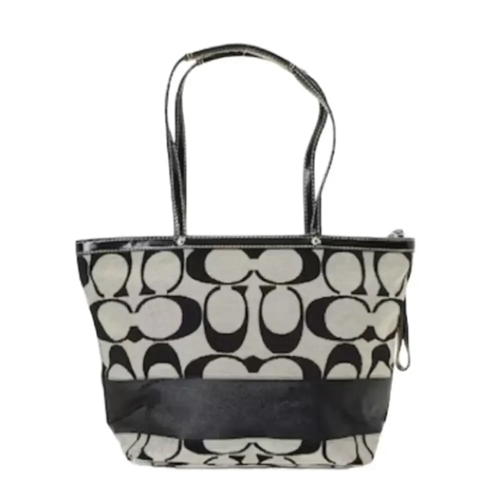 Coach Vintage Signature Canvas Tote Black Khaki Large - Picture 2 of 12